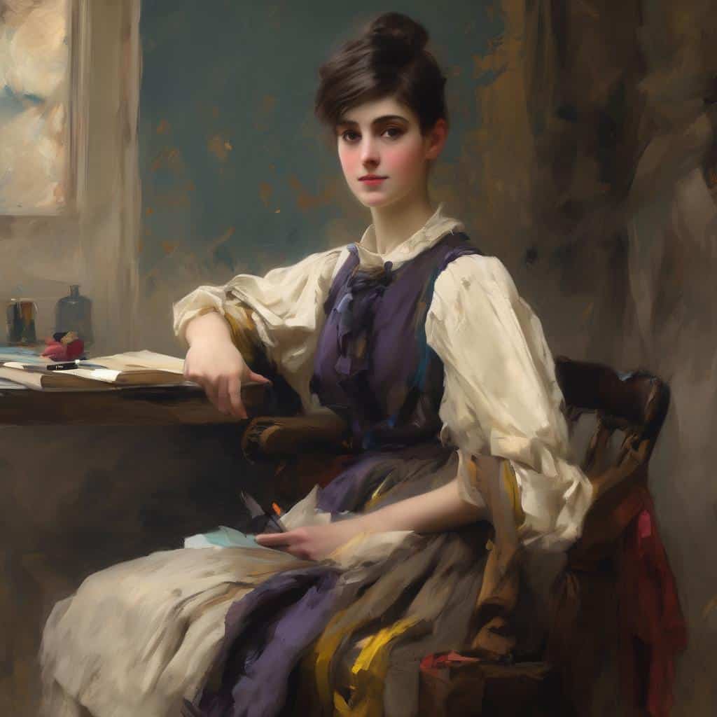 Λαμπρή νεαρή γυναίκα σε πορτρέτο με ρετρό καλλιτεχνική αισθητική, καθισμένη σε γραφείο με πινέλα και καμβά, που απεικονίζει τη σχέση τέχνης και πολιτισμού με έμφαση στην καλλιτεχνική δημιουργία και έκφραση.