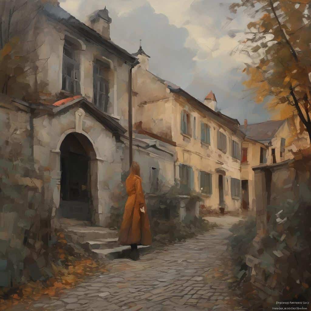 παλαιά πόλη με παραδοσιακά κτίρια, γυναικά με μπεζ παλτό, ήσυχος δρόμος, τέχνη ως καθρέφτης πολιτισμών, ρομαντική ατμόσφαιρα, ζωγραφική σε καμβά, αρχιτεκτονική, πολιτιστικό περιβάλλον, παραδοσιακή αισθητική, ιστορική πόλη, τέχνη και πολιτισμός.