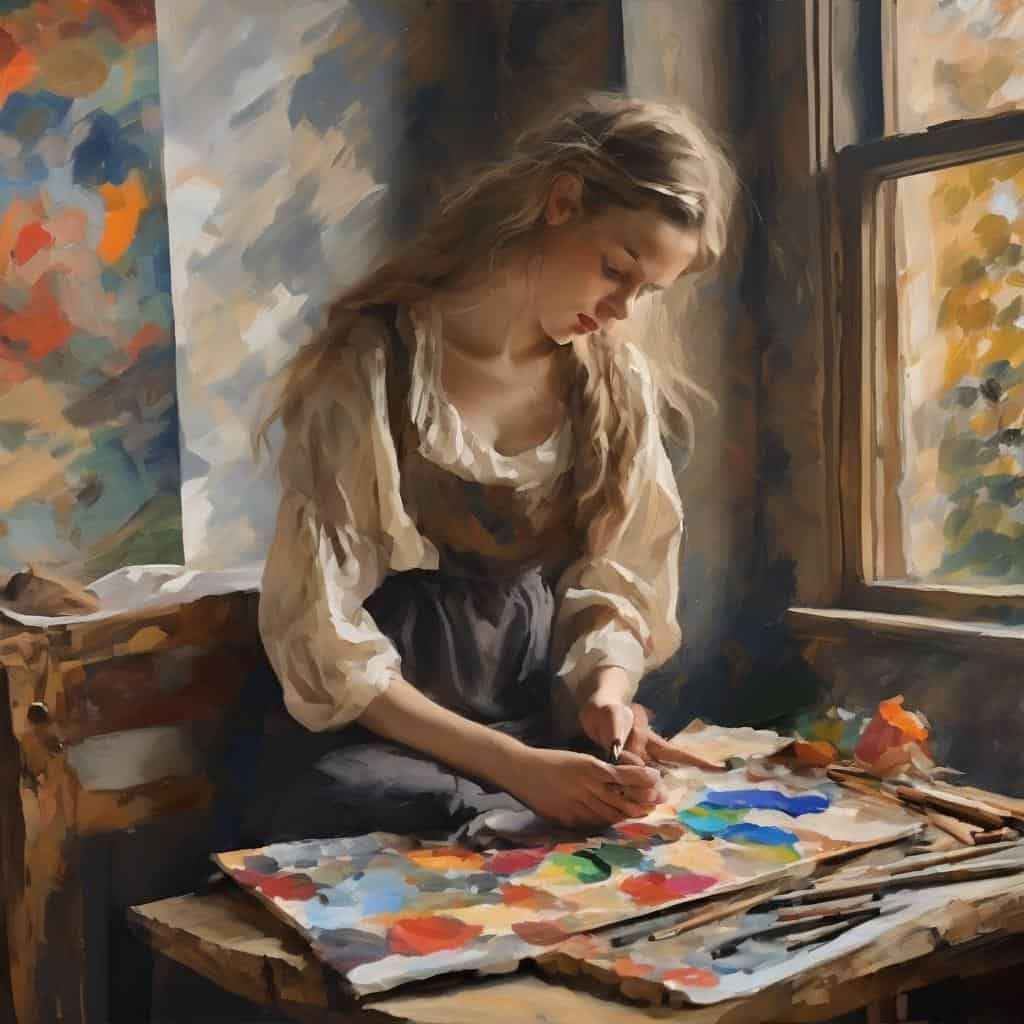Χρωματιστές αποχρώσεις και καλλιτεχνική δημιουργία σε εσωτερικό χώρο με νεαρή γυναίκα ζωγράφο, που εργάζεται με πάθος πάνω σε παλέτες και πίνακες, αναδεικνύοντας το ρόλο της τέχνης ως καθρέφτη πολιτισμών.