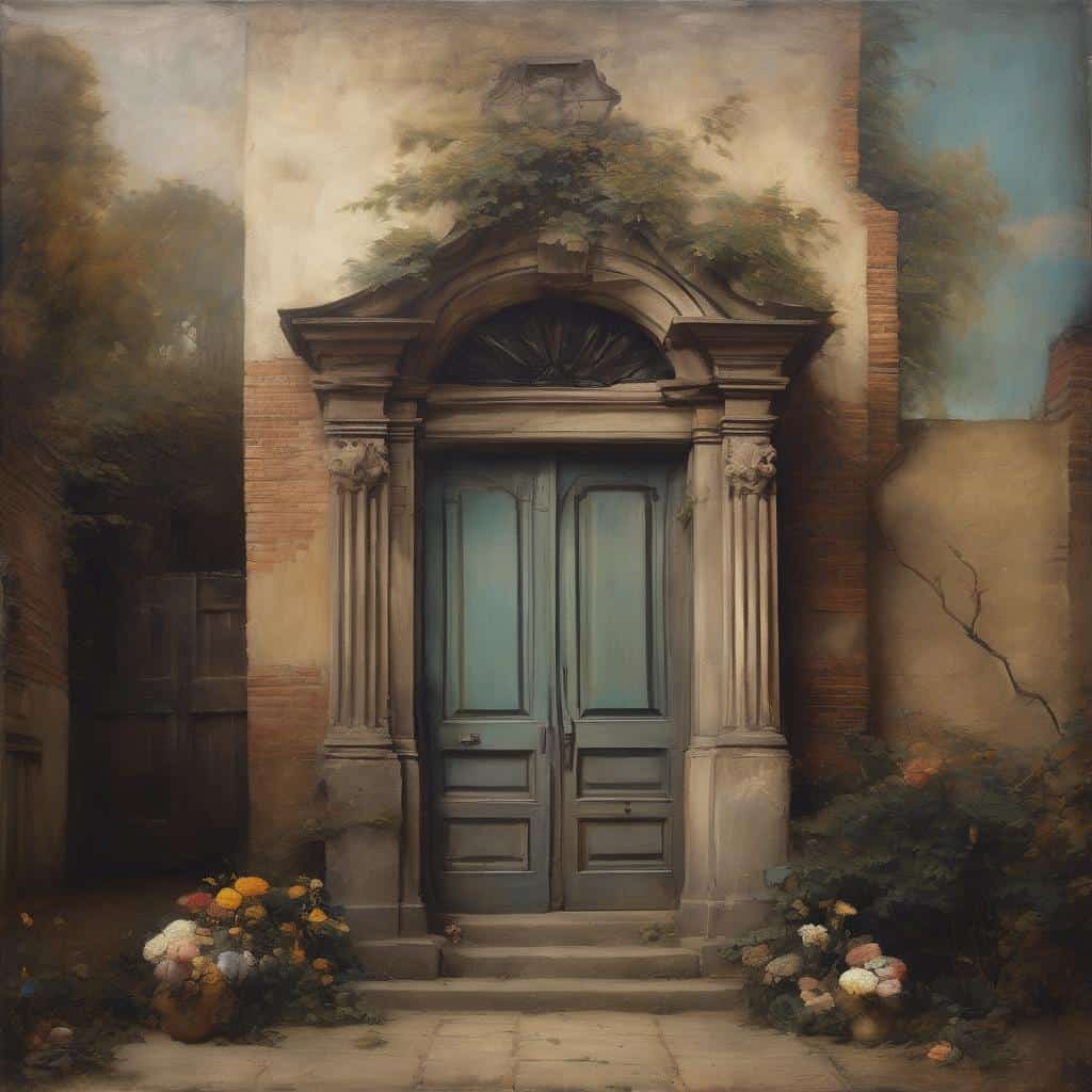 Παραθυρόφυλλο ιστορικού κτιρίου με αρχιτεκτονική λεπτομέρεια, σε τοπίο που αναδεικνύει την τέχνη ως καθρέφτη πολιτισμών, με παστέλ αποχρώσεις και φυσικά στοιχεία.