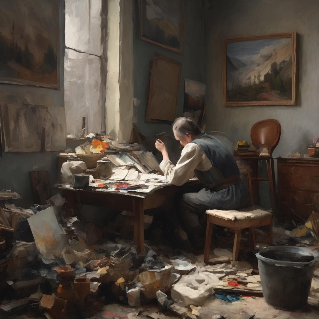 Λεκτικός πίνακας με ζωγράφο στον καμβά, σε εργαστήριο τέχνης γεμάτο με έργα και υλικά, αναδεικνύοντας την τέχνη ως καθρέφτη πολιτισμών και δημιουργικότητας.