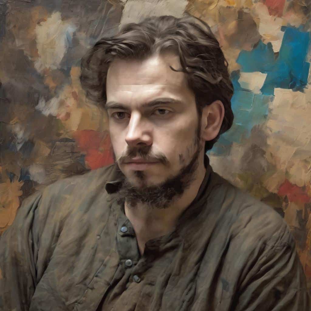 Φωτογραφία νεαρού άνδρα με σκούρα μαλλιά και μούσι, μπροστά σε αφηρημένο πίνακα τέχνης με χρώματα όπως μπλε, καφέ και πορτοκαλί, που αποπνέει καλλιτεχνικό πνεύμα και πολιτισμική έκφραση.