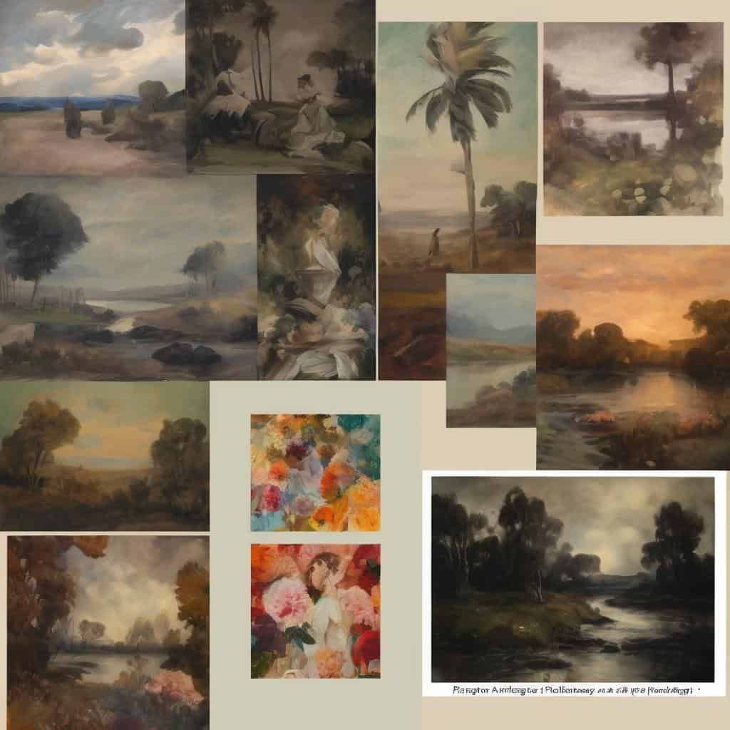 Ουρανός με σύννεφα και τοπία, εμπνευσμένα από την τέχνη και πολιτισμό, απεικονίσεις φυσικών σκηνών σε ρεαλιστικό και impressionist στυλ, χρωματιστές ανθογραφίες, πολιτιστικές εικαστικές δημιουργίες.