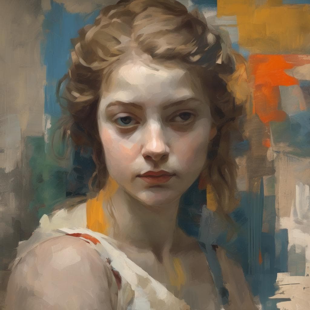 Νεαρή γυναίκα πορτρέτο σε ρεαλιστικό, καλλιτεχνικό στυλ, με έντονη αίσθηση πολιτισμικής έκφρασης και τέχνης, εκπέμπει αισθήματα και ιστορίες μέσω της τέχνης και του πολιτισμού.