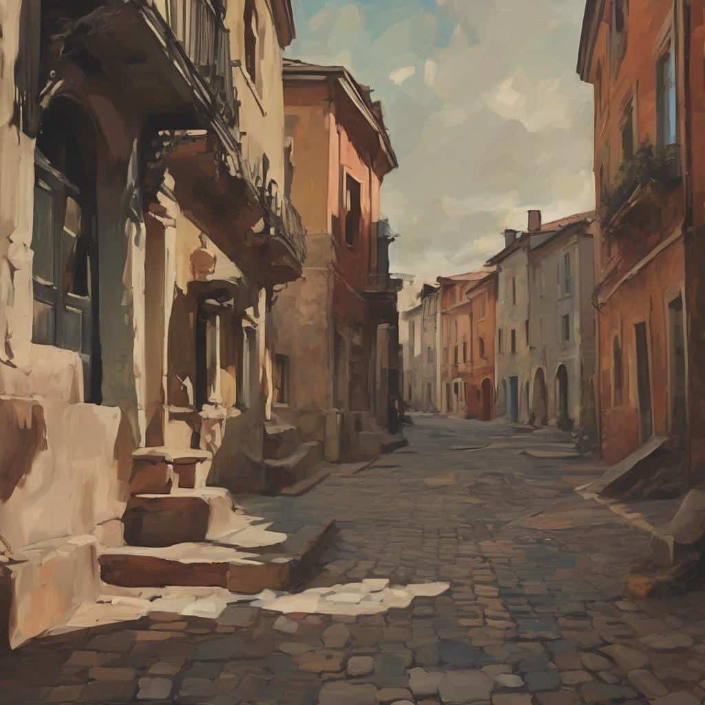 Οδός με ιστορικά κτίρια και πλακόστρωτο, αποδίδεται σε ζωγραφική τεχνική που αναδεικνύει την πολιτισμική κληρονομιά και την τέχνη ως καθρέφτη των πολιτισμών.